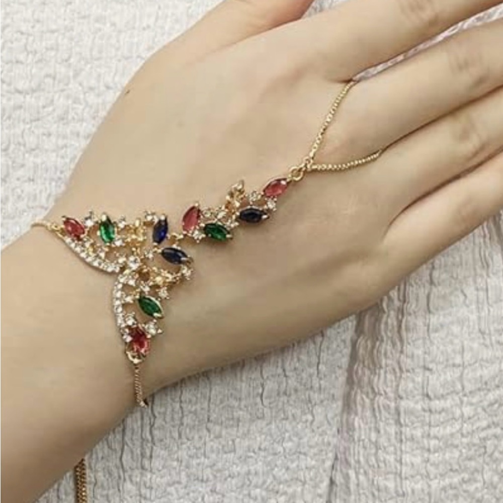 New Boho Butterfly Finger Ring Bracelet with Multicolored Cubic Zirconias